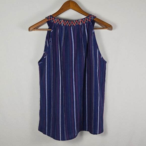 L Love Boho Embroidered Tank Top Size M Navy V-Neck Striped Sleeveless Festival - Picture 2 of 13